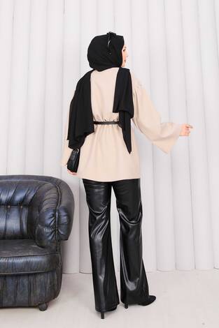 Gold Düğmeli Beli Büzgülü Kaşe Kap Bej - Thumbnail