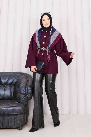 Gold Düğmeli Beli Büzgülü Kaşe Kap Bordo - Thumbnail