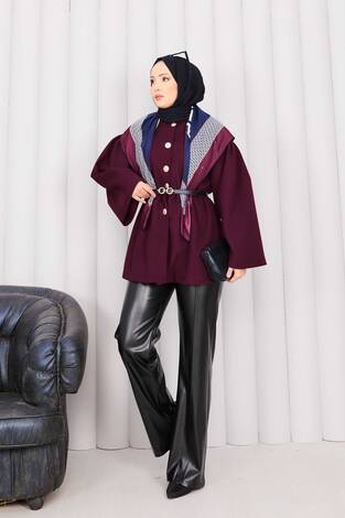 Gold Düğmeli Beli Büzgülü Kaşe Kap Bordo - Thumbnail