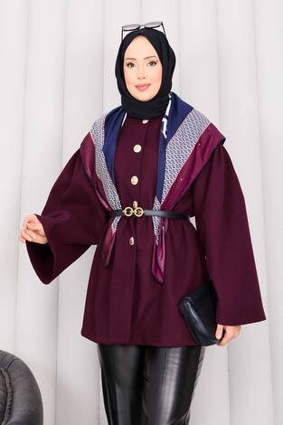 Gold Düğmeli Beli Büzgülü Kaşe Kap Bordo - Thumbnail