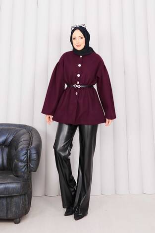 Gold Düğmeli Beli Büzgülü Kaşe Kap Bordo - Thumbnail
