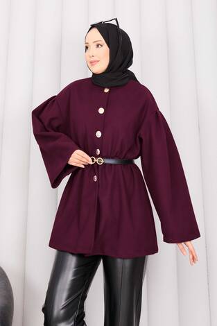 Gold Düğmeli Beli Büzgülü Kaşe Kap Bordo - Thumbnail