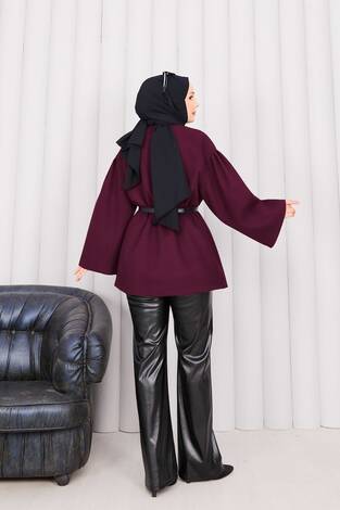 Gold Düğmeli Beli Büzgülü Kaşe Kap Bordo - Thumbnail