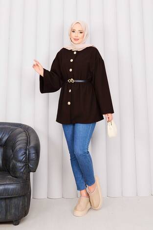 Gold Düğmeli Beli Büzgülü Kaşe Kap Kahve - Thumbnail