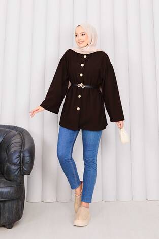 Gold Düğmeli Beli Büzgülü Kaşe Kap Kahve - Thumbnail