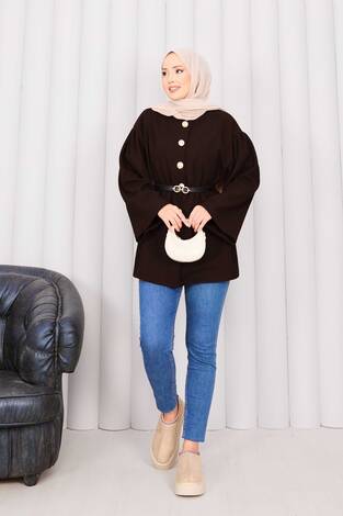 Gold Düğmeli Beli Büzgülü Kaşe Kap Kahve - Thumbnail