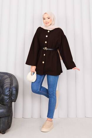 Gold Düğmeli Beli Büzgülü Kaşe Kap Kahve