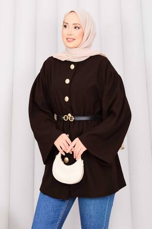 Gold Düğmeli Beli Büzgülü Kaşe Kap Kahve - Thumbnail