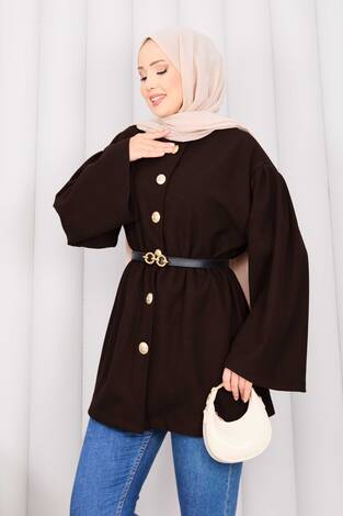 Gold Düğmeli Beli Büzgülü Kaşe Kap Kahve - Thumbnail