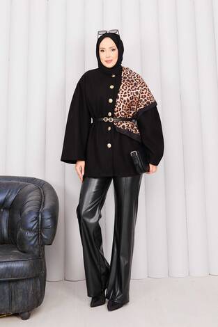 Gold Düğmeli Beli Büzgülü Kaşe Kap Siyah - Thumbnail