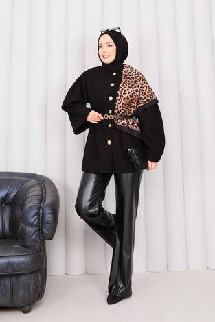 Gold Düğmeli Beli Büzgülü Kaşe Kap Siyah - Thumbnail
