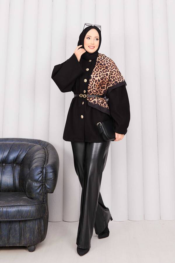 MD - Gold Düğmeli Beli Büzgülü Kaşe Kap Siyah