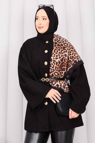 Gold Düğmeli Beli Büzgülü Kaşe Kap Siyah - Thumbnail