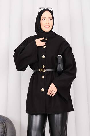 Gold Düğmeli Beli Büzgülü Kaşe Kap Siyah - Thumbnail
