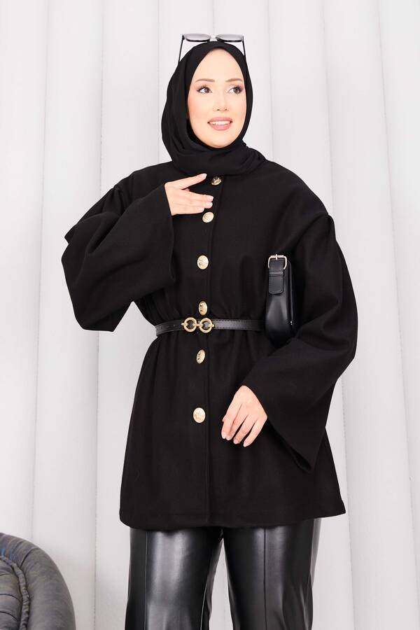 MD - Gold Düğmeli Beli Büzgülü Kaşe Kap Siyah (1)