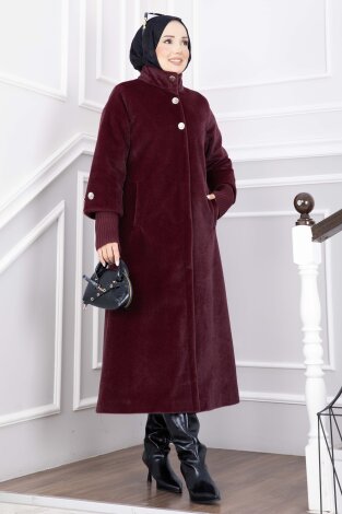 Gold Düğmeli Uzun Angora Kaban Bordo - 3