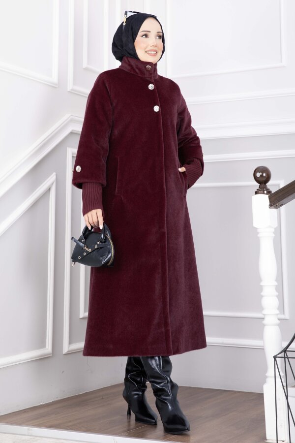 Gold Düğmeli Uzun Angora Kaban Bordo - 3
