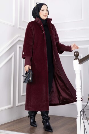 Gold Düğmeli Uzun Angora Kaban Bordo - 4