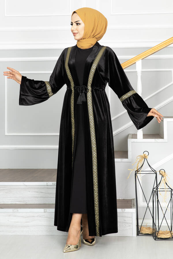 Pol - Gold Geçişli Tesettür Abaya Siyah