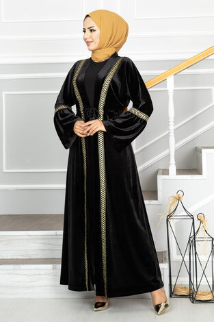 Gold Geçişli Tesettür Abaya Siyah - Thumbnail