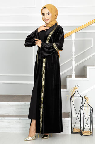 Gold Geçişli Tesettür Abaya Siyah - Thumbnail