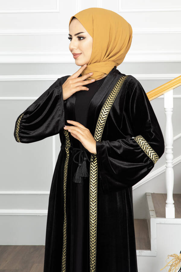 Pol - Gold Geçişli Tesettür Abaya Siyah (1)