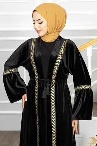 Gold Geçişli Tesettür Abaya Siyah - Thumbnail