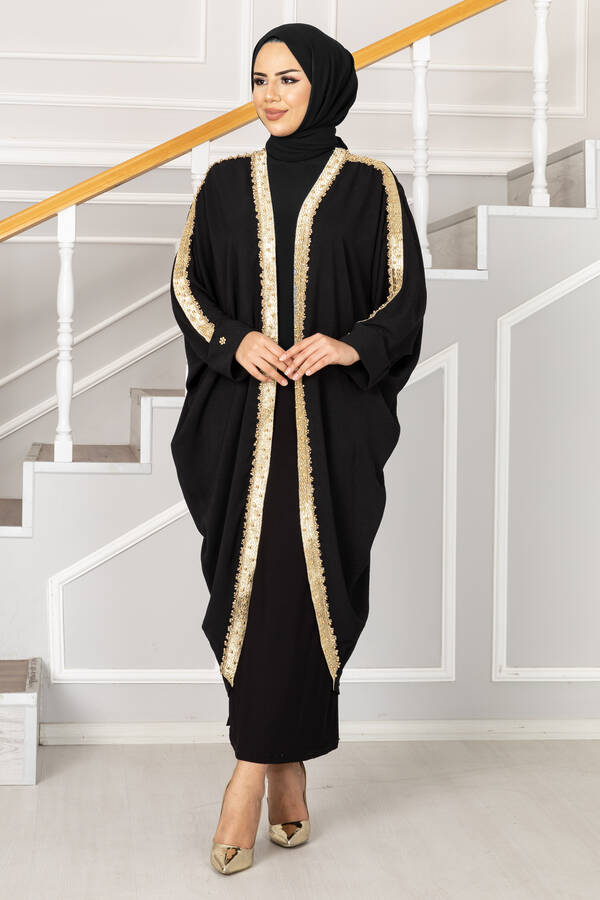 Gold İnci Detaylı Tesettür Kimono Siyah