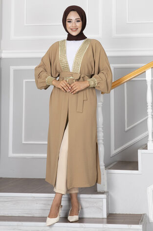 Gold İşlemeli Tesettür Kimono Camel - Thumbnail