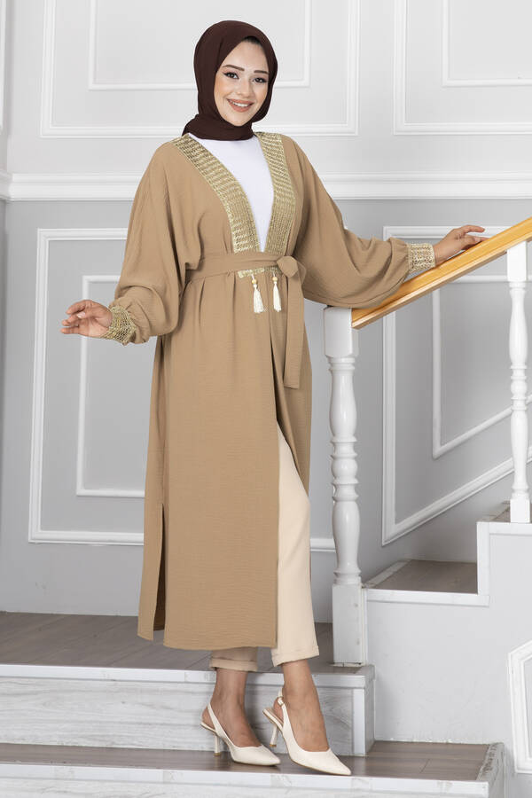 MD - Gold İşlemeli Tesettür Kimono Camel