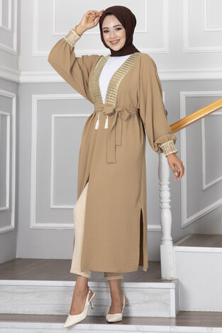 Gold İşlemeli Tesettür Kimono Camel - Thumbnail