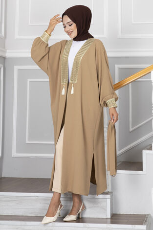 Gold İşlemeli Tesettür Kimono Camel - Thumbnail