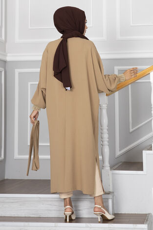 Gold İşlemeli Tesettür Kimono Camel - Thumbnail
