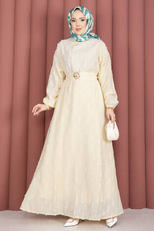 Gold Toka Kemerli Brode Elbise Sarı - Thumbnail