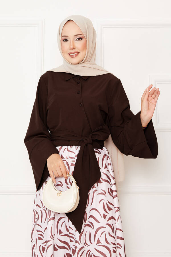 Asm - Gömleği Kendinden Kuşaklı Geniş Kol Etekli Takım Kahve (1) Asm - Gömleği Kendinden Kuşaklı Geniş Kol Etekli Takım Kahve (1)