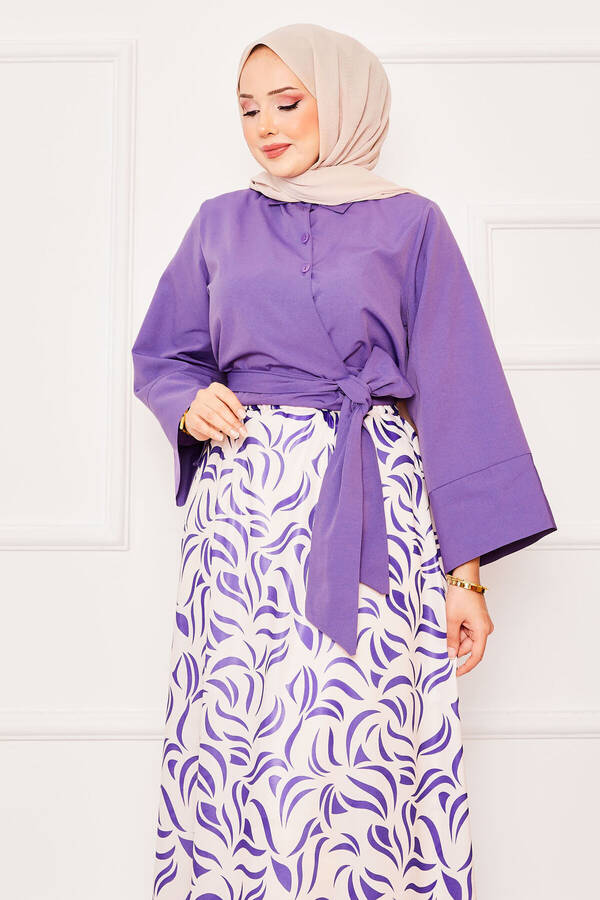 Asm - Gömleği Kendinden Kuşaklı Geniş Kol Etekli Takım Lila (1) Asm - Gömleği Kendinden Kuşaklı Geniş Kol Etekli Takım Lila (1)