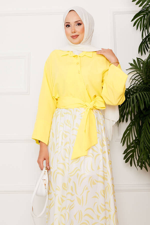 Asm - Gömleği Kendinden Kuşaklı Geniş Kol Etekli Takım Sarı (1) Asm - Gömleği Kendinden Kuşaklı Geniş Kol Etekli Takım Sarı (1)