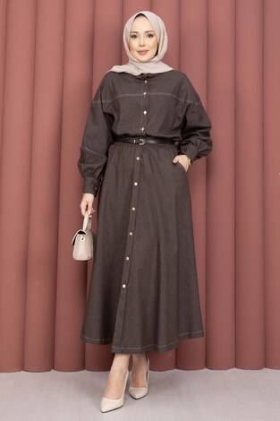 Gömlek & Etekli Tesettür Tensel Takım Kahve - Thumbnail