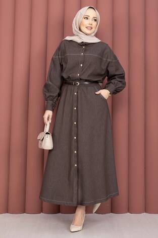 Gömlek & Etekli Tesettür Tensel Takım Kahve