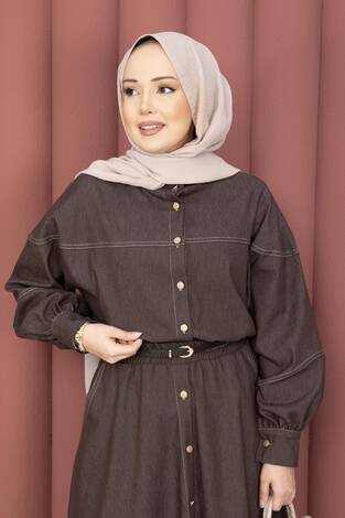 Gömlek & Etekli Tesettür Tensel Takım Kahve - Thumbnail