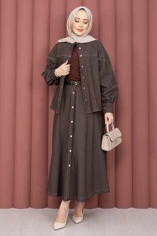 Gömlek & Etekli Tesettür Tensel Takım Kahve - Thumbnail