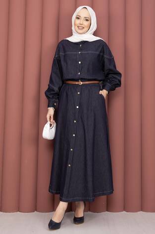 Gömlek & Etekli Tesettür Tensel Takım Lacivert - Thumbnail