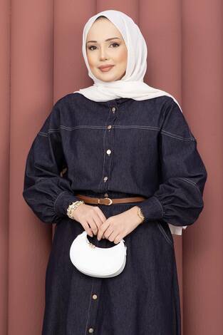 Gömlek & Etekli Tesettür Tensel Takım Lacivert - Thumbnail