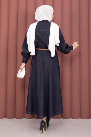 Gömlek & Etekli Tesettür Tensel Takım Lacivert - Thumbnail