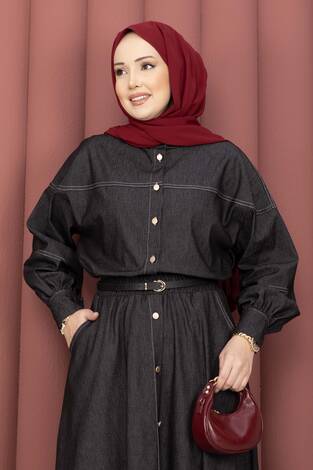 Gömlek & Etekli Tesettür Tensel Takım Siyah - Thumbnail