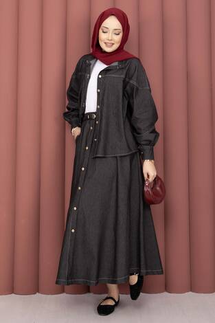 Gömlek & Etekli Tesettür Tensel Takım Siyah - Thumbnail