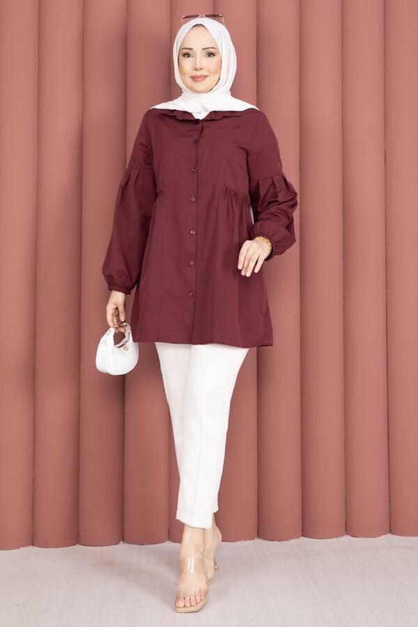 Gömlek Yaka Beli Büzgü Detaylı Tunik Bordo - 4