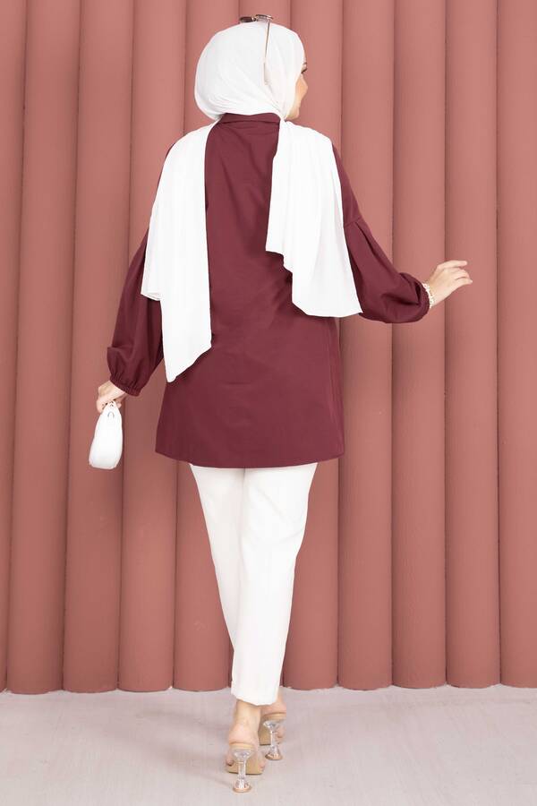 Gömlek Yaka Beli Büzgü Detaylı Tunik Bordo - 5