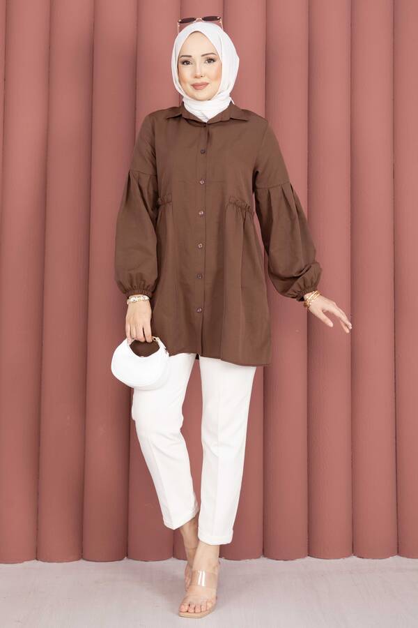 Gömlek Yaka Beli Büzgü Detaylı Tunik Kahve - 4