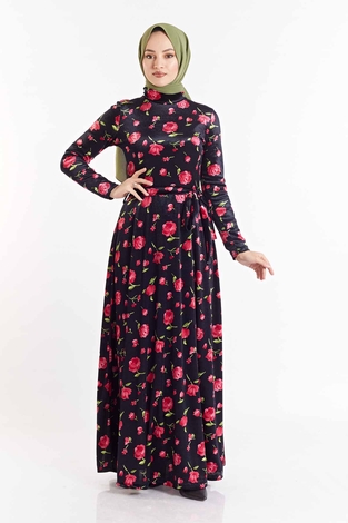 Gül Desenli Kadife Elbise 180SB8818 Lacivert-Pembe - Thumbnail